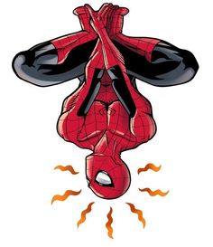 the spider - man is hanging upside down from his arms and legs, with flames coming out