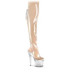 7" High Heel, 3" Textured Platform Clear Lace Up Back Over The Knee Boots. Open Toe And Back. Full-Length Inner Side Zip Closure. White Insole. Ceps-3019c