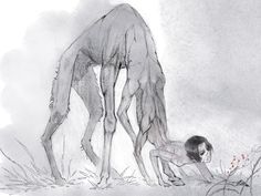 a drawing of a man kneeling down next to a dog with his head in the ground