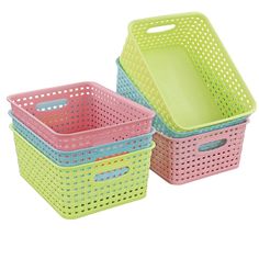 two plastic baskets with holes on the sides, one is pink and one is green