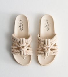 Cream Rope Knot Chunky Sandals | New Look Shoe Lookbook, 2024 Shoes, Trending Womens Shoes, Wide Fit Sandals, Chunky Heel Shoes, Cream Shoes, Wide Fit Shoes, Chunky Sandals, Knot Design