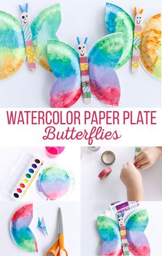 paper plate butterfly craft for kids to make with watercolor paper and other supplies on the table