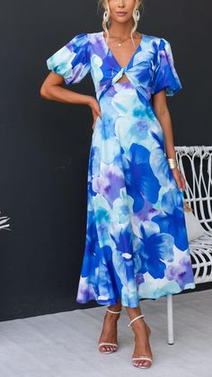 Toperth Blue Floral V-Neck Twist Accent Midi Dress – Toperth Blue Floral Midi Dress, Graphic Dress, Floral Graphic, V Neck Midi Dress, Floral Print Midi Dress, Versatile Dresses, Blue Midi Dress, Printed Midi Dress, Outfit Casual