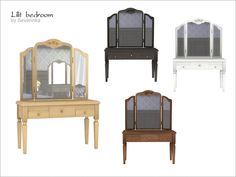 four different types of furniture including a dresser, mirror and dressing table with drawers on each side