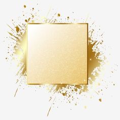 gold paint splattered on a white background with a square frame in the middle