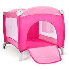 a pink baby playpen with wheels on the bottom and sides, open to allow children to sleep in it