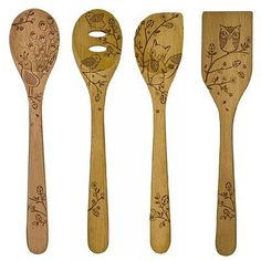 four wooden spoons and two spatulas with birds on them, one in the shape of an owl