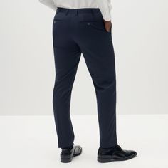 Sharp & Classic. Our flat front navy blue pants are the perfect pair. A more subtle alternative to the classic black, clean cut and transitional, pair these with our navy blue jacket to complete your look. Slacks For Men, Blue Suit Vest, Navy Blue Slacks, Mens White Dress Shirt, Dark Blue Suit, Blue Suit Jacket, Classic White Dress, Navy Blue Dress Pants, Black Oxford Shoes