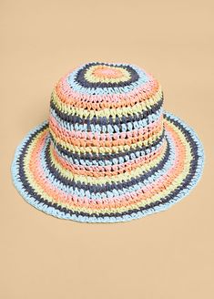 Stripes style up the summery look of our straw bucket hat. Casual Straw Bucket Hat For Warm Weather, Casual Straw Bucket Hat, Summer Boater Hat For Spring Picnic, Adjustable Multicolor Straw Crochet Hat, Spring Summer Boater Hat For Picnic, Adjustable Multicolor Crochet Straw Hat, Trendy Woven Vacation Hat, Summer Multicolor Woven Crochet Hat, Multicolor Woven Summer Crochet Hat