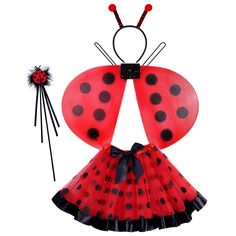 a red and black lady bug costume with matching hair pins