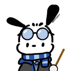 a drawing of a rabbit wearing glasses and holding a stick