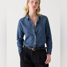 The Perfect Balance Of Sleek And Easy, Now In Chambray Fabric. - Our Slim-Fit Shirt Tucks Into Your Favorite Pants And Skirts Without Any Uncomfortable Pulling, Tugging Or Bunching. And It's The Details That Make This Shirt Truly Special - Like The Custom Label And Precise Topstitching. Plus, This Piece Comes With Jewel Buttons Down The Front And At The Pockets. 100% Cotton. Hand Wash. Imported. Item Bw194. Eyelet Shirt, Chambray Fabric, Shirt Tucked In, Women's Button Down Shirt, Quilt Jacket, Custom Label, Leopard Print Blouse, Denim Button Down, Chambray Shirt