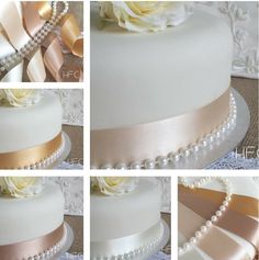 four different pictures of a wedding cake with white and gold ribbons on it's sides