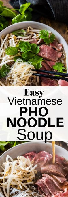 vietnamese pho noodle soup in a bowl with chopsticks