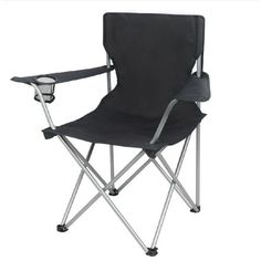 a black folding chair sitting on top of a white floor next to a cup holder