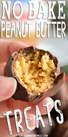 a hand holding a peanut butter treat with the words, no bake peanut butter treats