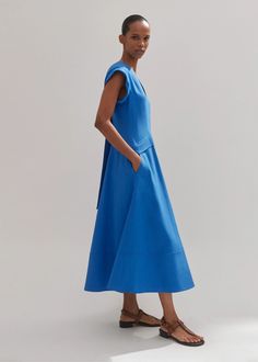 Tailored Flare Midi Dress Super Blue Modern A-line Maxi Dress For Spring, Chic Blue Viscose Midi Dress, Chic Blue Viscose Maxi Dress, Blue Flared Dress, Modern Blue Dress For Summer, Modern Blue Summer Dress, Spring Workwear Dresses With Flared Skirt, Blue Viscose Midi Dress, Blue Maxi Viscose Dress