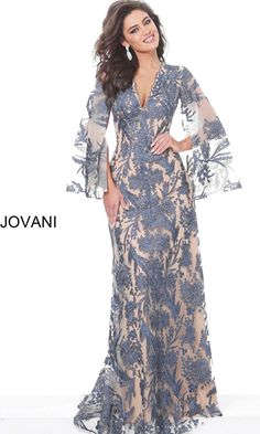 Long sleeve a-line formal dress with bra friendly back and v-neckline. Formal Evening Dresses Long, Mother Of The Bride Dresses Long, Mother Of The Bride Gown, Gowns Bridesmaid, Design Moda, Mother Of Groom Dresses, Evening Dresses With Sleeves, Mob Dresses, Lace Dress With Sleeves