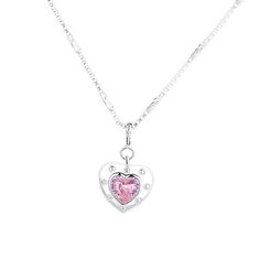 Introducing our Pink Glam Heart Necklace - crafted in Sterling Silver with a heart-shaped pink crystal at its core. This unique chain necklace features a sparkling pink crystal heart pendant, on a Sterling Silver heart shape base adding sophistication to any look. Wear it long or short with the adjustable clasp. Elevate your style with this enchanting piece that radiates love and glamour. Main Stone: heart shaped lab diamond Stone Color: pink Metal Material: 925 Sterling Silver Chain Lenght: 16