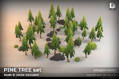 the pine tree set consists of rocks, boulders and trees that are low polygonic