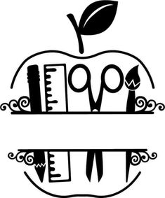 an apple with scissors and pencils in the center, on top of a white background