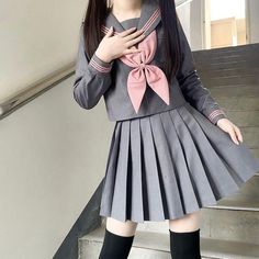 [Grey Pink] JK sailor girl school uniform set – Cutiekill Harajuku Fashion Kawaii, Goth Skirts, Cute Skirt Outfits, Sweaters Cardigan, Japanese School, Crop Top Sweatshirt