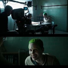 the joker is being filmed in an empty room, and he has green hair on his head