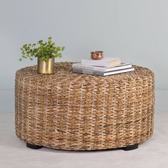 a wicker coffee table with books on top and a potted plant in the middle