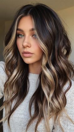 Dark Brown Hair with Blonde Ideas Brunette With Deminsion, Dark Brown Hair With Face Framing Blonde, Dark Brown With Dimension, Dark Brown Hair With Blonde Balayage, Hairstyles Dark Brown Hair, Blonde And Dark Brown Hair, Dark Brown With Blonde, Bold Balayage, Dark Brown Hair With Blonde