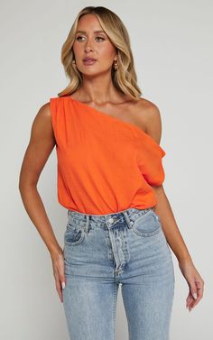 Mabel Bodysuit - Asymmetrical Neckline One Shoulder in Orange | Showpo USA Orange Sleeveless Bodysuit For Summer, Sleeveless Orange Bodysuit For Summer, Solid One Shoulder Top For Summer Night Out, Orange Bodysuit For Summer Parties, Orange Sleeveless Top For Night Out, Summer One-shoulder Top With Asymmetrical Neckline, Chic Summer Bodysuit With Asymmetrical Neckline, Asymmetrical Neckline Bodysuit For Summer, Trendy Orange Bodysuit For Spring