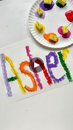 a paper plate that has some food on it and is next to a sign with the word spelled out