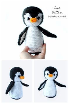 a crocheted penguin is shown in three different stages to make it look like an amigurt