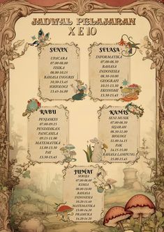 a poster with the names and dates for several different types of items in it, including mushrooms