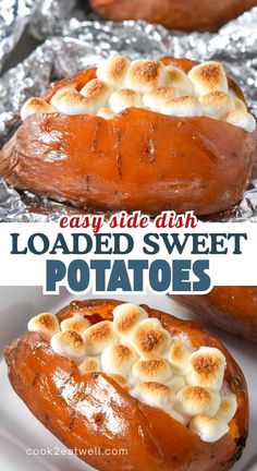 baked sweet potatoes with cream cheese on top and the words easy side dish loaded sweet potatoes