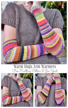 the arm warmers are knitted with multicolored yarn