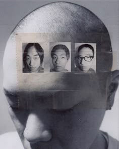 a man's head with four photos on it