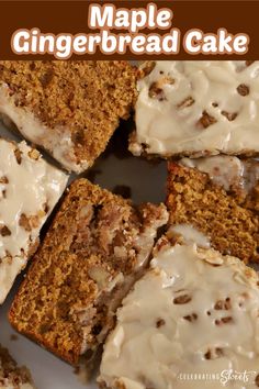 a close up of some cake on a plate with white frosting and pecans