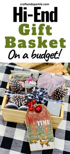 an open gift basket on a table with pine cones and other holiday items in it