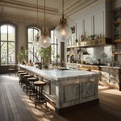 a large kitchen with marble counter tops and stools in front of an open window