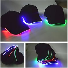 three images of hats with neon lights on them