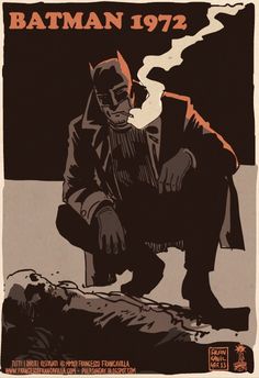 a batman poster is shown in black and brown colors, with an image of a man kneeling