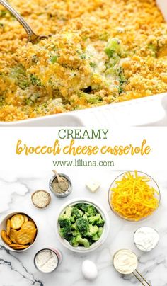 broccoli cheese casserole is shown with other ingredients