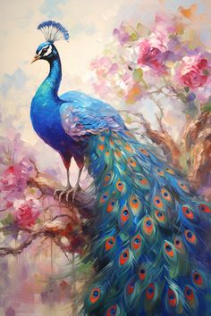 a painting of a peacock sitting on a tree branch with flowers in the back ground