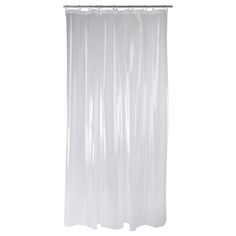 a white shower curtain hanging on the side of a bathtub with clear plastic covering it