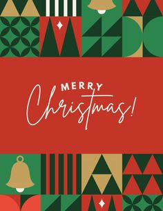 a merry christmas card with an image of bells and geometric shapes in red, green, yellow and black