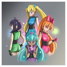 four cartoon girls with different colored hair and makeup are standing in front of a gray background