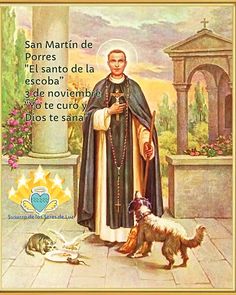 an image of saint martin de porres with his dog and cat in front of him