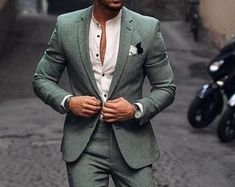 Mens Suits Green, Suit Wedding Groom, Unique Mens Wedding Suits, Linen Wedding Suit, Wedding Groomsmen Attire