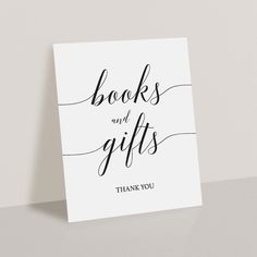 a white card with the words cards and gifts on it, in black ink that reads thank you