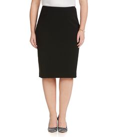 Kasper Plus Stretch-Crepe Skimmer Skirt Fitted Midi-length Bottoms For Office, Classic Fitted Pencil Skirt, Classic Fitted Elastane Pencil Skirt, Fitted Elastane Bottoms Midi Length, Fitted Elastane Midi Bottoms, Workwear Stretch Skirt With Side Zipper, Workwear Skirt With Side Zipper And Stretch, Stretch Skirt With Side Zipper For Work, Sleek Fitted Midi Skirt